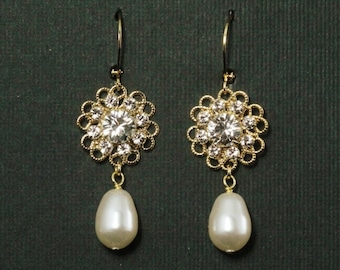 Crystal and Pearl Bridal Earrings, Gold Rhinestone Flower Bridal Earrings, Vintage Wedding Jewelry, Bridesmaid Dangles -- BRIGITTE