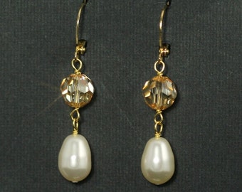 Crystal Pearl Earrings, Cream Pearl Bridal Earrings, Champagne Crystal Wedding Earrings, Gold Bridesmaid Earrings, Wedding Jewelry -- GOLDEN