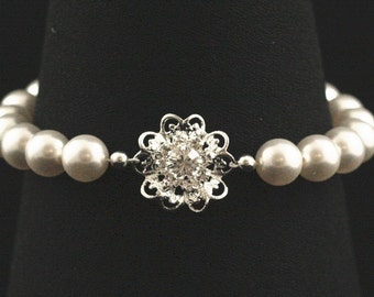 Pearl Wedding Bracelet, Rhinestone Crystal Bridal Jewelry, Silver Pearl Bracelet -- VERSAILLES GARDENS