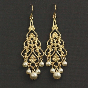 Gold Pearl Chandelier Earrings Pearl Bridal Earrings, Gold Filigree Wedding Earrings, Swarovski Cream Pearl Chandeliers PRINCESSA image 1