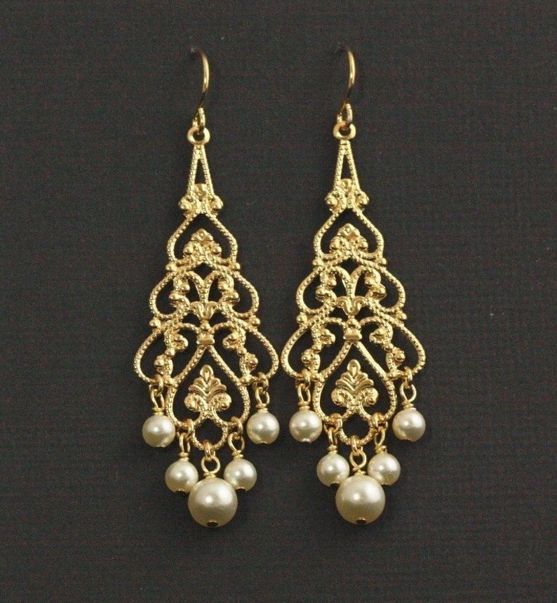 Gold Pearl Chandelier Earrings Pearl Bridal Earrings, Gold Filigree Wedding Earrings, Swarovski Cream Pearl Chandeliers PRINCESSA image 1