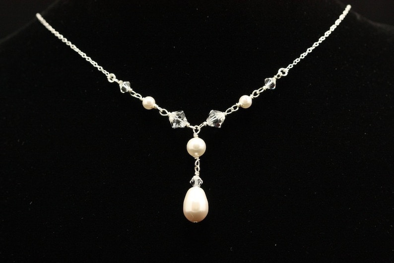 Swarovski Pearl Bridal Necklace Crystal Pearl, Bridal Necklace, White or Ivory Pearls, Y Drop, Handwrapped, Silver FALLING IN Love image 2