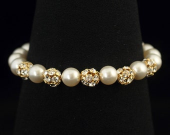 Gold Pearl Wedding Bracelet, Rhinestone Pearl Bridal Wedding Jewelry, Bridesmaid Bracelet, Gold Bridal Pearl Bracelet-- VERA