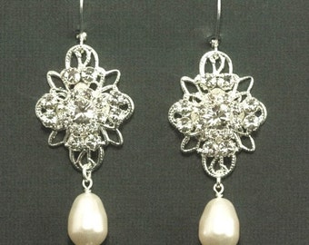 Rhinestone Pearl Earrings -- Rhinestone Chandelier Bridal Earrings, Silver Filigree Wedding Earrings, Pearl Wedding Jewelry -- ISABELLA