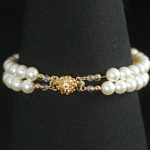 Bridal Bracelet, Double Strand Pearl Bracelet, Gold, Rhinestone Flower Wedding Jewelry, Rhinestone Pearl Wedding Bracelet BRIGITTE image 3