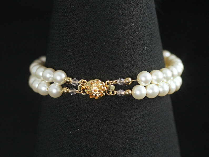 Bridal Bracelet, Double Strand Pearl Bracelet, Gold, Rhinestone Flower Wedding Jewelry, Rhinestone Pearl Wedding Bracelet BRIGITTE image 3