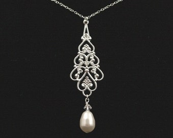 Filigree Pearl Bridal Necklace -- Long Pendant Necklace, Silver Wedding Necklace, Swarovski Crystal Pearl Necklace -- PARFAIT