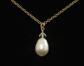 Pearl Necklace Bridesmaid Bridal Party Jewelry Gold Ivory Cream Pearl Pendant Champagne Crystal Custom Wedding Colors Teardrop -- CORRINE