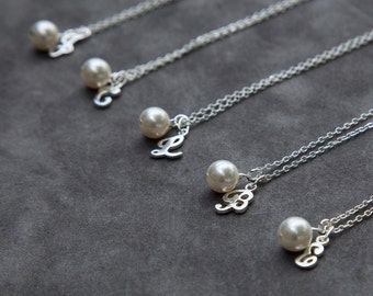 Personalized Bridesmaids Gift Set of 5, Sterling Silver Initial & Pearl Necklace, Bridesmaid Jewelry