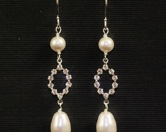 Long Pearl Bridal Earrings, Silver Wedding Jewelry, Dangle, Crystal Rhinestone Pearl Drop Earrings