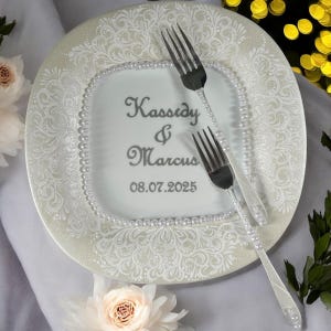 Personalized Wedding Set with Engraved Flutes, Cake Knife, Plate and Server, Elegant Toasting Glasses and Custom Gift for Bride and Groom
