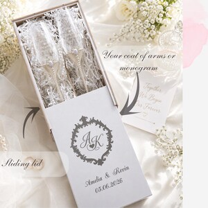 personalized wedding flutes, pearl champagne glasses, wooden champagne flute box, wedding toast set, custom cake server, bride and groom accessories, engraved wedding gift, wedding keepsake set, pearl bridal decor, champagne toast accessories, wedding celebration gift, elegant wedding details, anniversary keepsake, wedding reception accessories, custom flutes