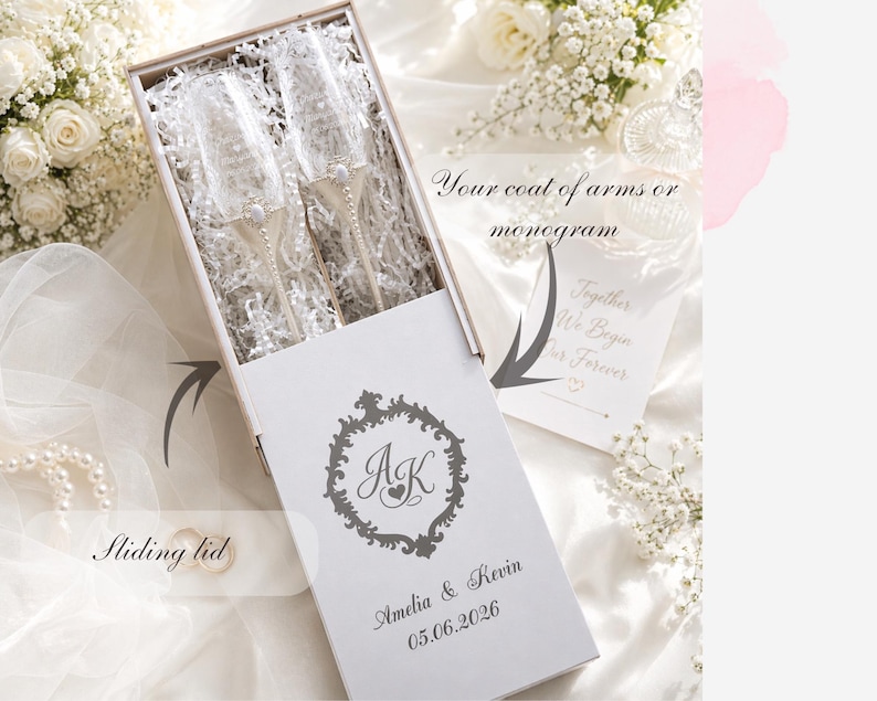personalized wedding flutes, pearl champagne glasses, wooden champagne flute box, wedding toast set, custom cake server, bride and groom accessories, engraved wedding gift, wedding keepsake set, pearl bridal decor, champagne toast accessories, wedding celebration gift, elegant wedding details, anniversary keepsake, wedding reception accessories, custom flutes