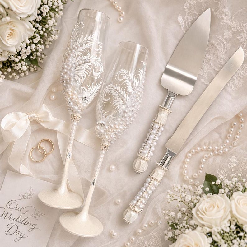 pearl wedding glasses, champagne flutes with pearls, engraved wedding glasses, bride and groom toasting flutes, pearl cake server and knife set, coastal beach wedding accessories, elegant bridal table details, luxury wedding flutes, wedding cake cutting set, ivory lace background, romantic wedding styling, handmade wedding glasses, pearl handle cake server, wedding reception essentials, bride groom glasses set, beach wedding decor, classic wedding accessories