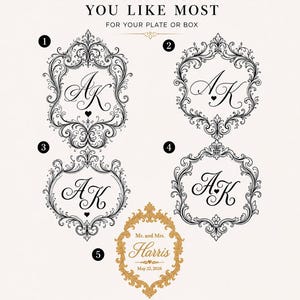 May include: A selection guide featuring four black ornate crest designs labeled 1 through 4, each containing the initials AK, and a fifth gold-colored crest labeled 5 with the text Mr. and Mrs. Harris May 22, 2026, titled Choose the crest style you like most.