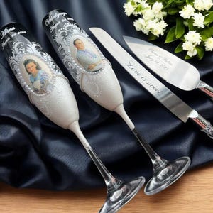 Custom Wedding Toasting Flutes and Cake Knife Set with Couple’s Photo and Names, Engraved Reception Keepsake Gift for Bride and Groom