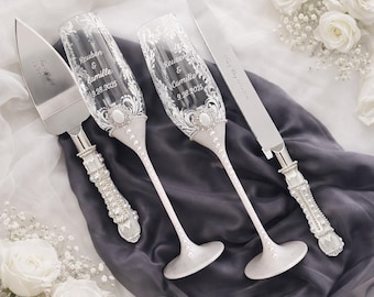 Custom Bridal Engraved Flutes and Cake Serving Set with Pear Accents, Bridal Toasting