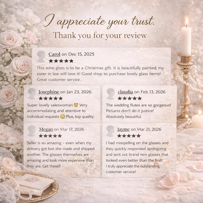 Peut inclure: Image romantique avec le texte "J'appr&eacute;cie votre confiance. Merci pour votre avis." Des avis clients, des roses et un bougeoir sont visibles. L'ensemble est doux et &eacute;l&eacute;gant.