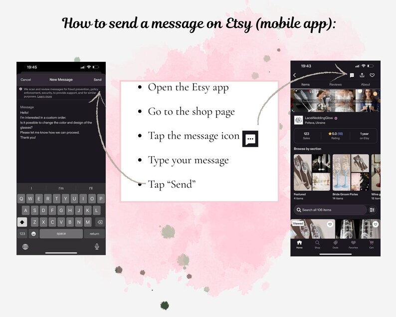 May include: An instructional graphic titled How to send a message on Etsy (mobile app) featuring two smartphone screenshots. The steps listed are: Open the Etsy app, Go to the shop page, Tap the message icon, Type your message, and Tap Send.