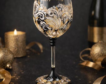 Verre à vin personnalisé peint à la main, cadeau accent doré