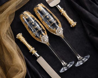 Flûtes à champagne de mariage en or avec couteau à gâteau et service, élégants verres de grillage de mariée en or, flûtes de mariage gravées sur mesure