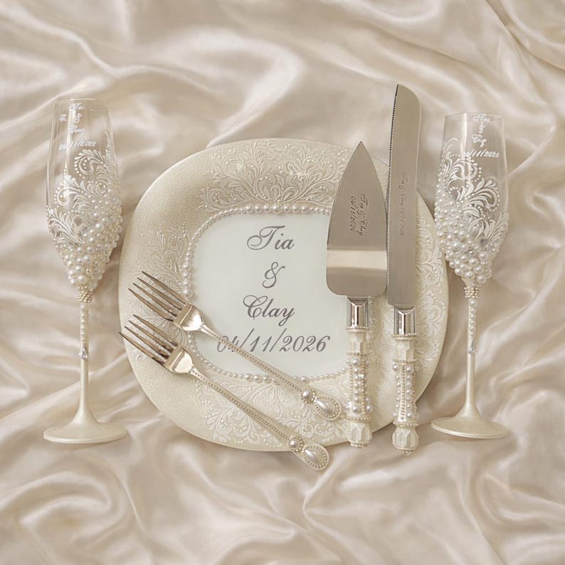 wooden flute box, pearl champagne flutes, personalized wedding glasses, wedding toast accessories, custom wedding keepsake, engraved flutes, wedding cake server set, bride groom gift, wedding reception decor, elegant bridal accessories, wedding memory box, newlywed gift, personalized wedding details, champagne flute storage box, wedding celebration set