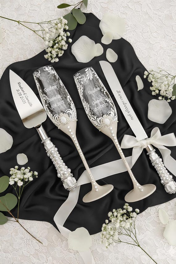 Personalized Wedding Flutes with Engraved Cake Knife Set and Custom Plate for Engagement Gift