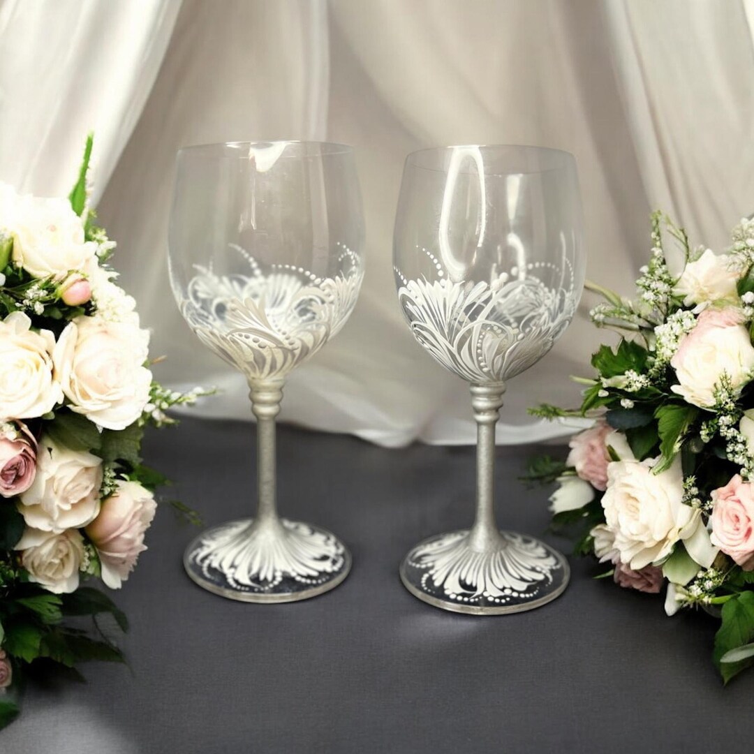 Wedding Wine Glasses, Hand-painted Wine Goblets, Elegant Wedding ...