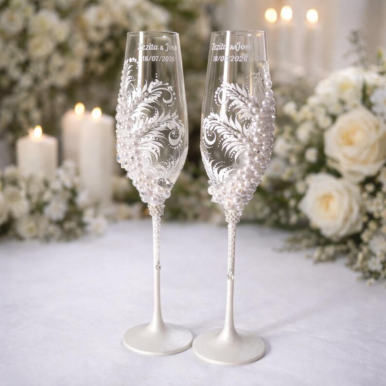 pearl wedding toast set, personalized champagne flutes, wooden flute box, wedding cake server, engraved wedding glasses, bride and groom gift, pearl wedding decor, champagne toast glasses, wedding keepsake box, custom wedding gift, elegant wedding accessories, personalized flutes, wedding reception decor, newlywed keepsake, wedding day gift