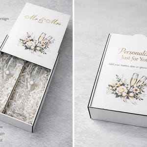 Peut inclure: Coffret cadeau en bois blanc avec un couvercle coulissant. Il pr&eacute;sente l'inscription dor&eacute;e &laquo; Mr & Mrs &raquo;. Il contient deux fl&ucirc;tes &agrave; champagne dans du papier blanc. Le couvercle est orn&eacute; de fleurs et de fl&ucirc;tes.