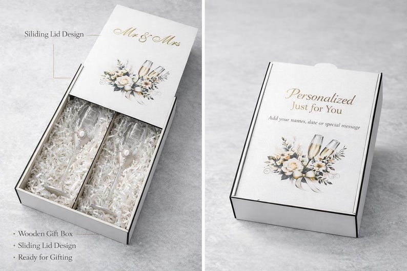Peut inclure: Coffret cadeau en bois blanc avec un couvercle coulissant. Il pr&eacute;sente l'inscription dor&eacute;e &laquo; Mr & Mrs &raquo;. Il contient deux fl&ucirc;tes &agrave; champagne dans du papier blanc. Le couvercle est orn&eacute; de fleurs et de fl&ucirc;tes.