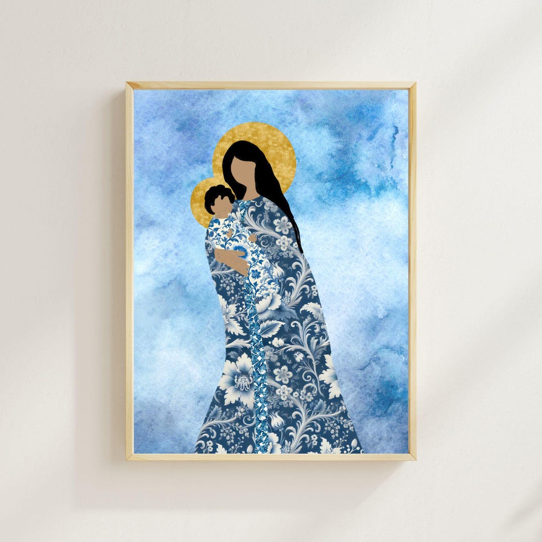Blue and Gold Madonna & Child Digital Art - Instant Download - Elegant ...