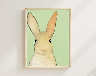 Salbei grünes Häschen Wandbild, Pastellgrünes Häschen, Waldtierkunst, minimalistisches Kinderzimmer, Geschenk für Häschenliebhaber