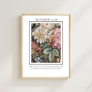 Matthew 11:28 Scripture Art - Printable Bible Verse Wall Decor - Christian Inspirational Floral Design - Instant Digital Download