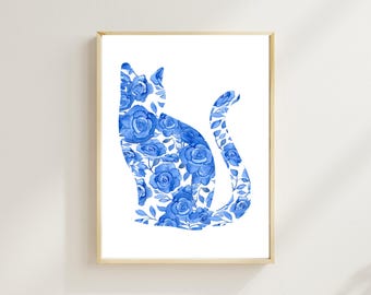Chinoiserie Blue Cat Print - Watercolor Floral Kitty Art - Elegant Home Decor - Cat Lover Gift - Cat Lover Art