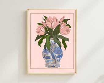 Blush Pink Tulips in Hand-Painted Blue Floral Vase - Elegant Printable Wall Art for Home and Office Decor