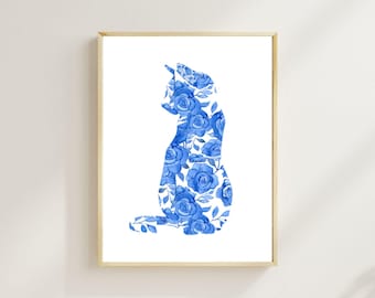 Chinoiserie Left-Facing Blue Cat Print - Watercolor Floral Kitty Art - Elegant Home Decor - Cat lovers gift, Chinoiserie Lovers Gift