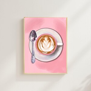 Kaffee Glück Aquarell Druck - Latte Art rosa Tasse Wand Dekor - Ästhetische Kunst für Küche und Café - Instant Download