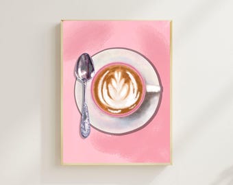 Stampa acquerello Coffee Bliss - Decorazione da parete con tazza rosa Latte Art - Arte estetica da cucina e caffetteria - Download immediato