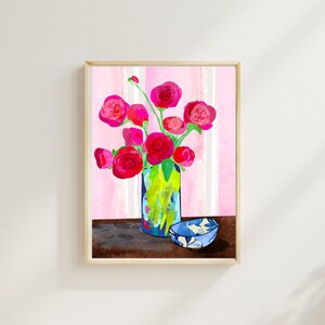 Wednesday Noon Floral Art Print - Vibrant Ranunculus Vase Illustration, Pink and Green Modern Wall Art, Digital Download for Home Decor