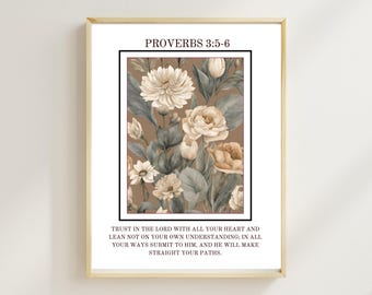 Sprüche 3: 5-6 Wandkunst | Christlicher Blumenschriftendruck | Bibel Vers Wohnkultur | Inspirierende Glaubenskunst | Digitaler Download