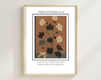 Philippians 4:13 Scripture Wall Art - Inspirational Christian Floral Print, I Can Do All Things Bible Verse Artwork