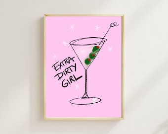 Extra Dirty Girl Martini Art Print, roze cocktailmuur decor, barwagen artwork, grappige Dirty Martini illustratie, glamoureuze Home Bar poster
