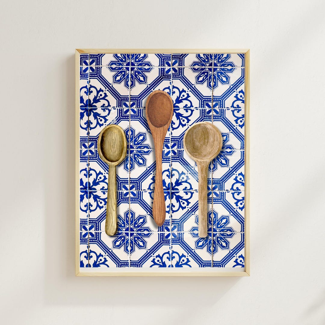 Rustic Wooden Spoon Kitchen Wall Art - Blue Tile Printable, Farmhouse ...