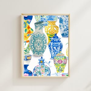 Watercolor Ginger Jar Wall Art - Colorful Chinoiserie Vase Print - Blue and Yellow Modern Home Decor - Digital Download for Elegant Spaces