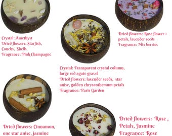 Naturalna, ręcznie robiona, spersonalizowana świeca zapachowa w kształcie misy z łupin kokosa z kryształem i suszonymi kwiatami
