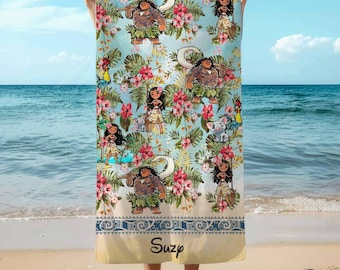 Toalla de playa personalizada de Disney, toalla de playa de Moana, toalla de playa de princesas de Disney, toalla tropical de Hawái con personajes de Moana, toalla de verano de Disney