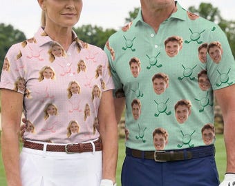 Polo da golf con volto personalizzato per coppie, maglietta da golf con volto personalizzato per coppie, divertenti magliette da golf abbinate, regalo di anniversario per golfisti
