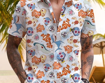Disney akvarell Hawaiiskjorta, Hitta Nemo Hawaiiskjorta, Hitta Dory knäppt, Disney sommarskjorta, Pixar Hitta Nemo karaktär T-shirt