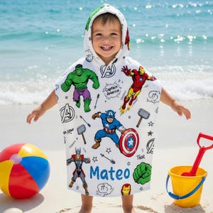 Personalized Marvel Superhero Kids Hooded Towel, Custom Name Beach Poncho, Avengers Spiderman Hulk Bath Towel, Boys Summer Gift image 1